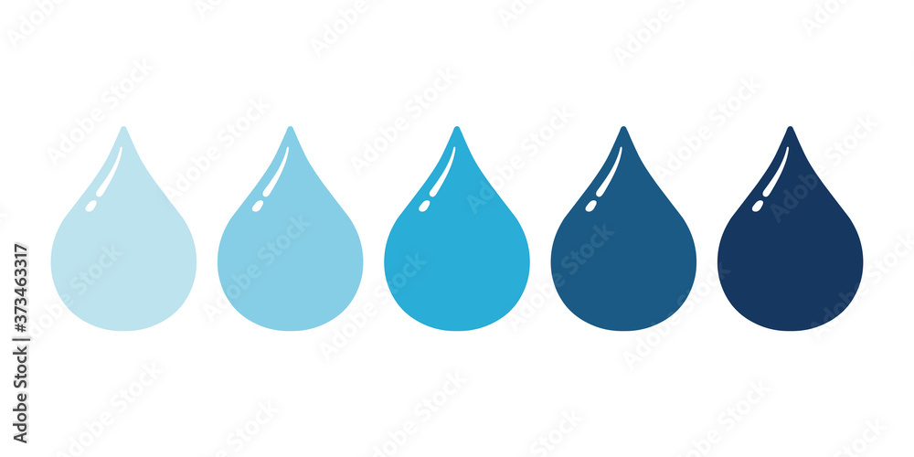 Vector illustration of rain water drops. Set of blue mascots isolated on white background. Light blue to deep blue colors. Five color variation. Vector illustration of rain water drops. Set of blue mascots isolated on white background. Light blue to deep blue colors. Five color variation.
