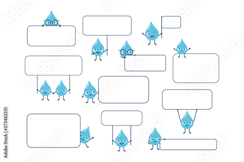 Flat style vector set of blue water drop characters holding up a sign board, sitting on the board and standing behind the board. Save the water theme. Save the planet theme. Good for poster, card, etc