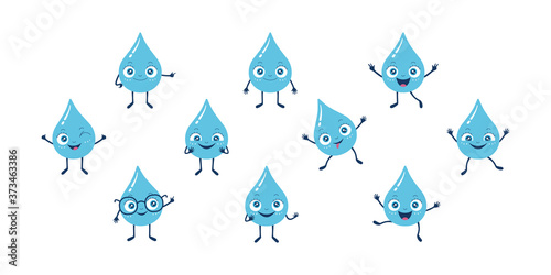 Vector kids illustration of rain water drop character. Set of mascots isolated on white background. Light blue to deep blue colors. Five color variation. Happy and funny droplets jump and dance.