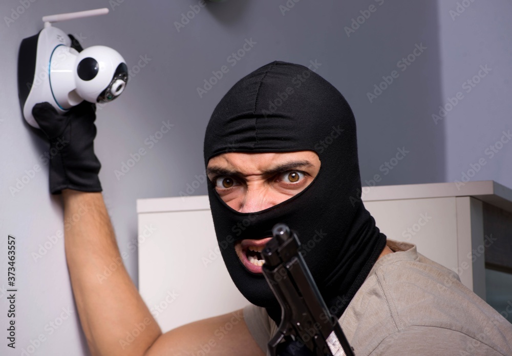 Burglar wearing balaclava mask at crime scene