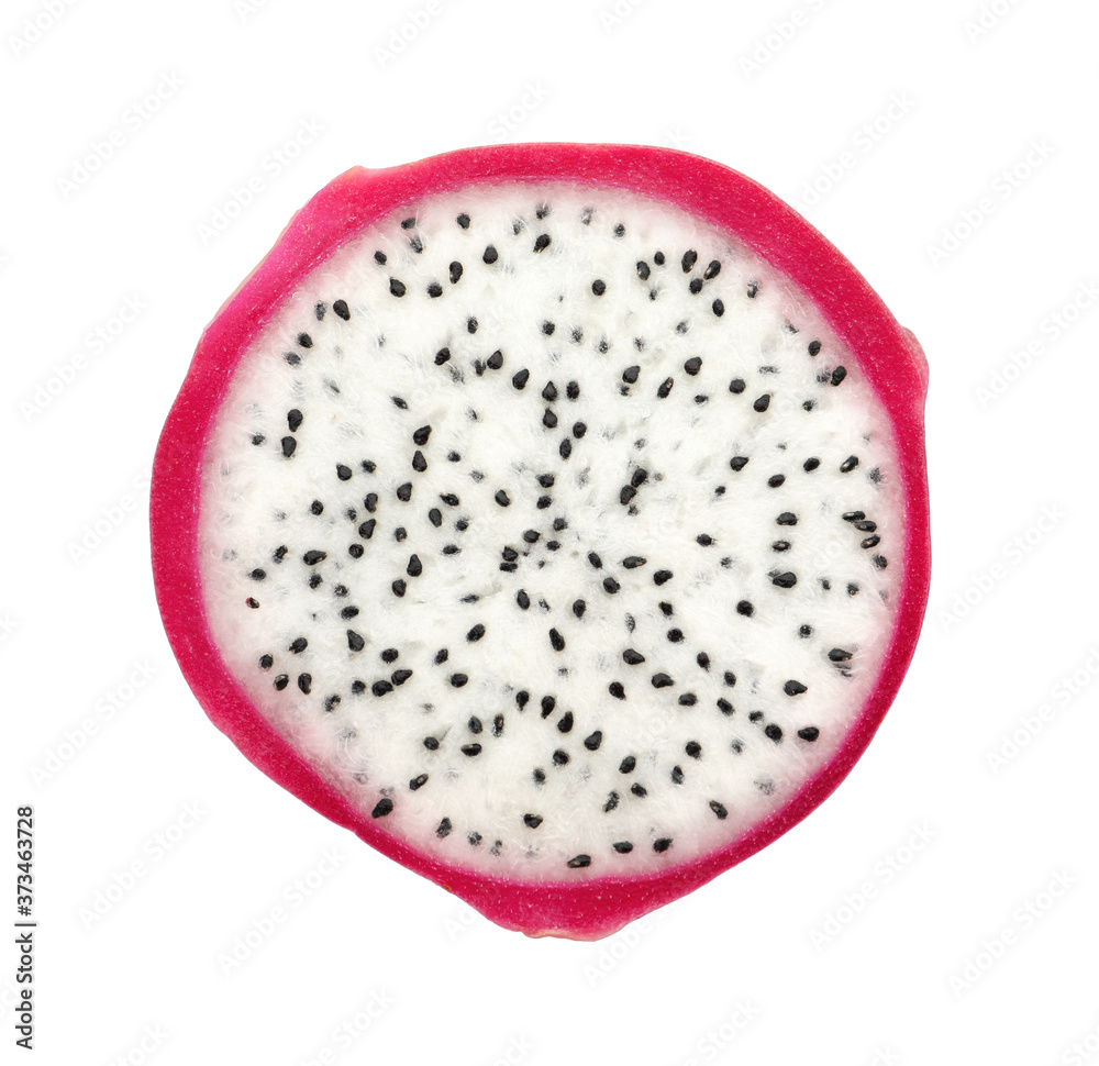 Slice of delicious ripe dragon fruit (pitahaya) on white background, top view Slice of delicious ripe dragon fruit (pitahaya) on white background, top view