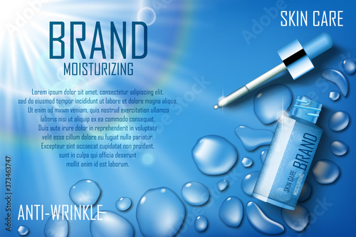 Cosmetic essence contained in a droplet bottle template for design Ads poster, presentation, banner. Serum essence for skin care with bubbles and waterdrop on blue background. 3d vector