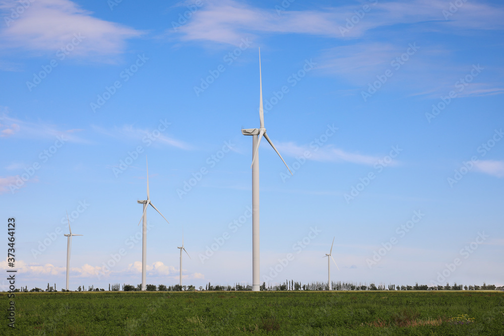 Beautiful view of field with wind turbines. Alternative energy source Beautiful view of field with wind turbines. Alternative energy source
