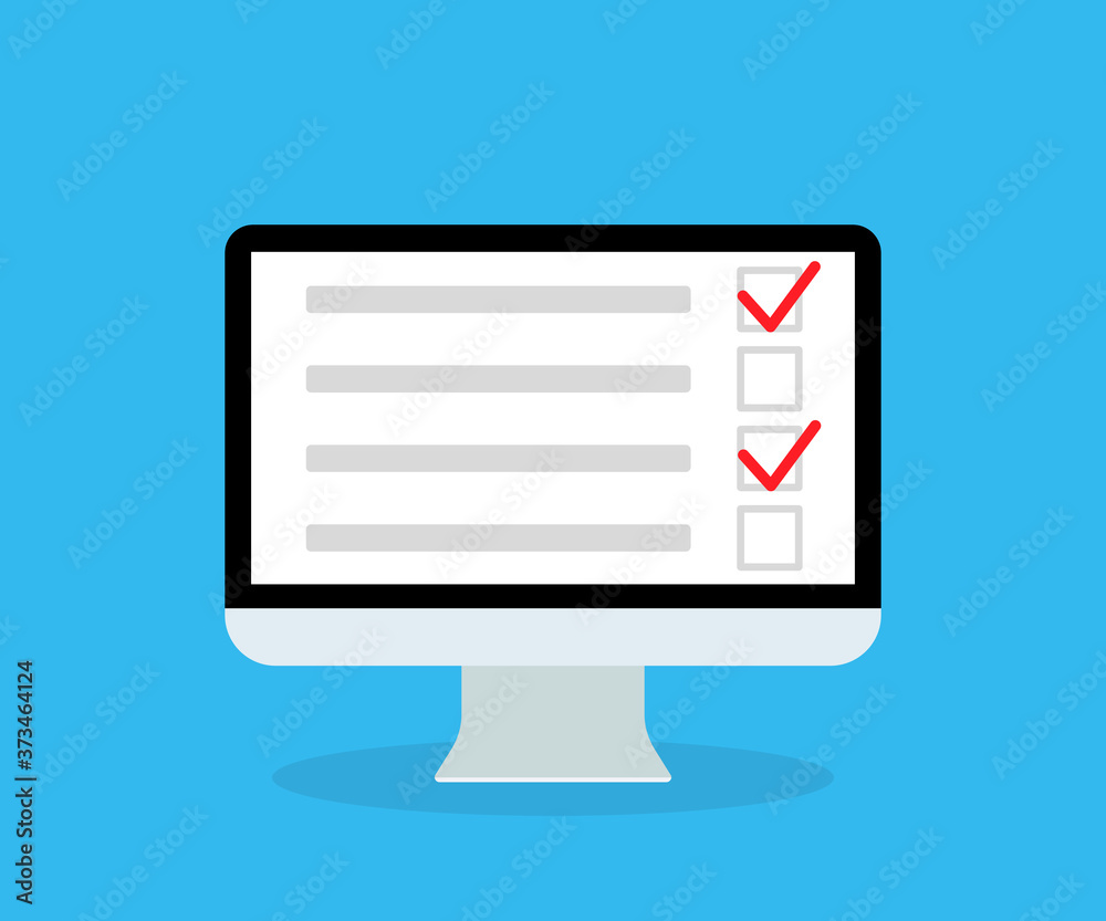 Online survey in computer. List in form quiz. Checklist, questionnaire and poll for web application. Icon for test, feedback, report. Digital pc screen with electronic document. Exam concept. Vector Online survey in computer. List in form quiz. Checklist, questionnaire and poll for web application. Icon for test, feedback, report. Digital pc screen with electronic document. Exam concept. Vector