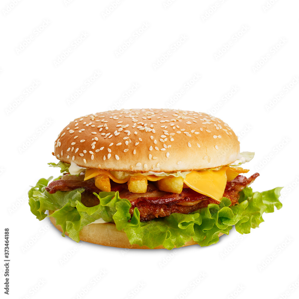 Classic hamburger with petty, bacon, fries, cheese and lettuce Classic hamburger with petty, bacon, fries, cheese and lettuce