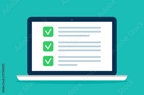 Online survey in laptop. Checklist of exam in computer. Form with list for quiz. Application for check and fill. Web test - cartoon icon. Questionnaire on screen. Digital document on website. Vector