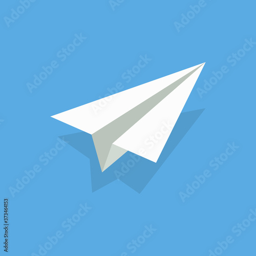 aper airplane. Plane origami. White 3d fly aeroplane on blue background. Craft of origami. Concept of flight, travel. Abstract icon for airline, launch free jet. Logo for navigate of aircraft. Vector