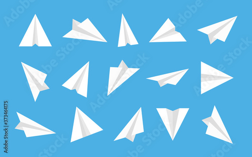 Paper plane. Origami airplane. White isometric icon for fly. Launch 3d aeroplane in flat style. Set of design logo on blue background. Travel and aviation concept. Startup of buisness idea. Vector