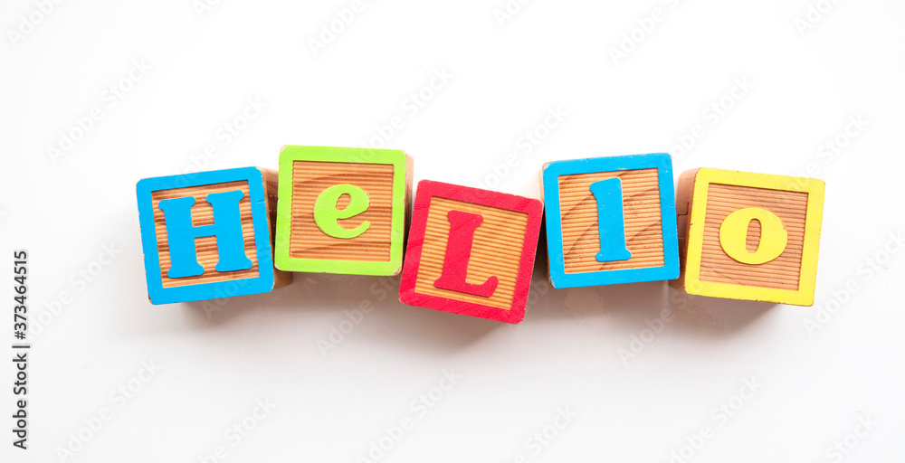 Hello word made from colourful wooden baby development blocks Hello word made from colourful wooden baby development blocks