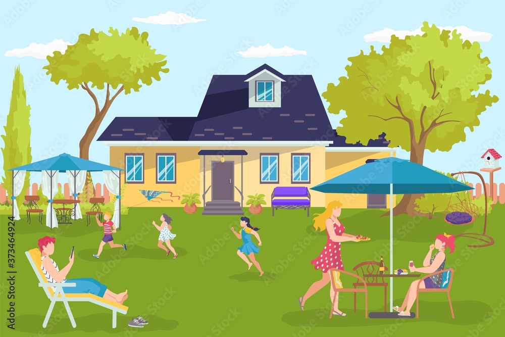 Family house, happy people at home yard vector illustration. Father mother child at summer vacation near building landscape. Flat fun parent and child lifestyle, outdoor weekend togetherness.