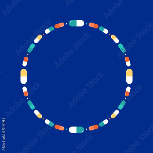 Vector round frame, card template with colorful pills, medications on blue background.