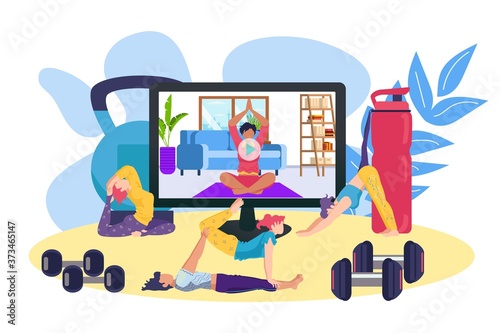Fitness training online, sport exercise video for woman body health vector illustration. Girl person lifestyle, yoga workout at home. Cartoon wellness position for flat healthy character.