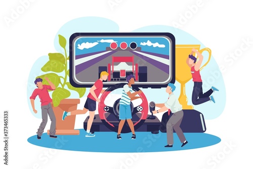 Flat play with controller concept, vector illustration. Gaming people at computer background, graphic console gamer design. Pc video arcade at web game, gamepad and joystick technology.
