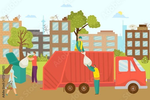 Garbage disposal at street, removal container with waste vector illustration. Worker refuse bin at truck, recycling collector service. Rubbish, trash vehicle for environment care and recycle.
