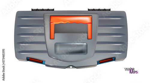 Tool box grey and orange color, top view realistic isolated on white background. Photo-realistic plastic construction container. Vector illustration