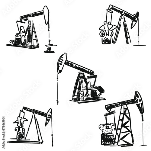 Hand drawn oil pump, industrial equipment. Vector illustration. Sketch.