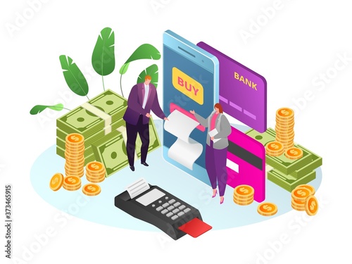 3d isometric market with online mobile payment vector illustration. People us...