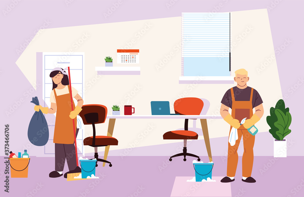 young couple with cleaning service in office young couple with cleaning service in office
