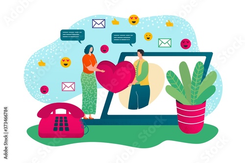 Online internet love, vector illustration. Woman man character romance relationship, cartoon dating and heart message in computer social network. Flat date technology for people couple.