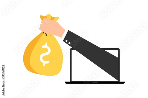 Businessman gives reward online. A hand with a computer holds a bag of money. Vector