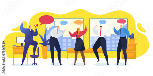 Group people office talk vector illustration. Worker discussion modern technology organization business. Team communication, planning presentation together. orporate talking young coworker.