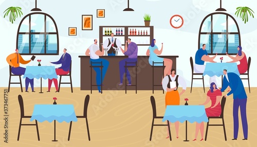 Restaurant interior, people group man woman sitting in bar, cartoon lifestyle...