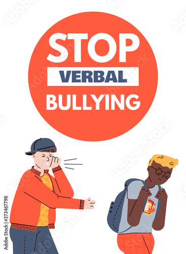 Stop verbal bullying poster or banner with school teenagers characters  cartoon vector illustration on white background. Laughing bully pointing to frightened boy.