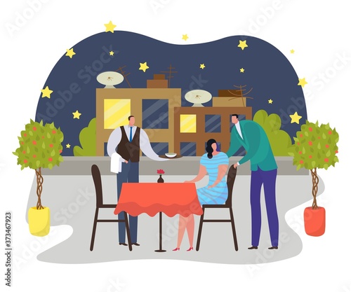 Romantic couple dinner, woman man in love at evening, vector illustration. Re...