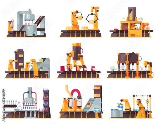 Automated Robotic Packing Conveyor Belt Icon Set