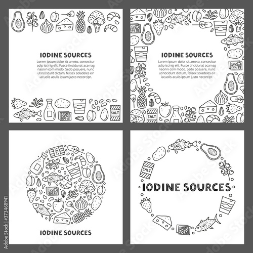 Set of cards with lettering and doodle outline iodine food sources including cod, tuna fish, salt, broccoli, yogurt, milk, eggs, prunes, seaweed, shrimps, pineapple, etc isolated on grey background.