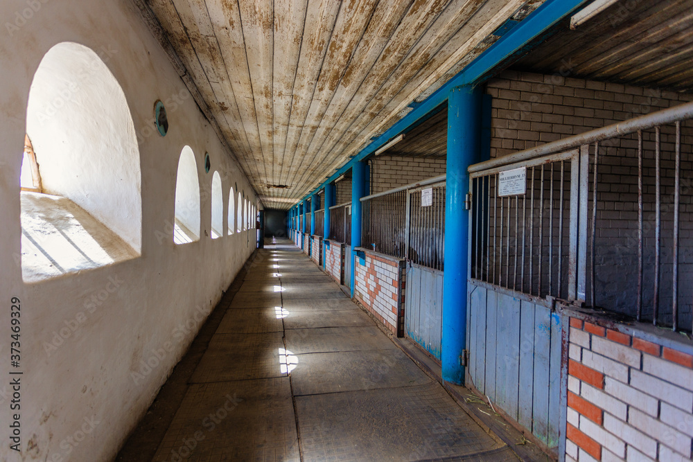 Old historical horse stable with loose horse boxes, tunnel view Old historical horse stable with loose horse boxes, tunnel view