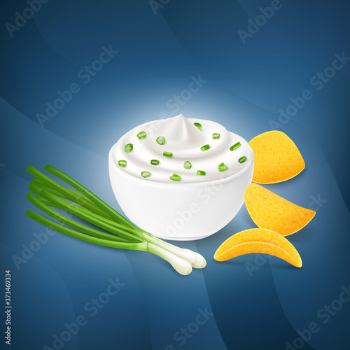 Potato chips with sour cream and green onion flavor, on blue background.