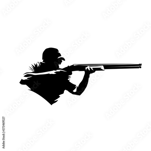 Trap shooting  aiming athlete with gun  isolated vector silhouette. Ink drawing