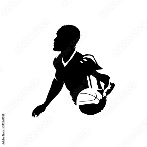Basketball player running with ball, dribbling. Isolated vector silhouette, ink drawing, front view. Basketball point guard comic style illustration