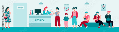 Queue of people in hospital waiting for doctors appointment in medical masks, flat vector illustration. Prevention of corona virus and infectious diseases.