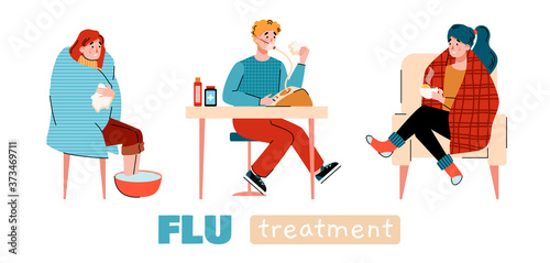 Home flu treatment banner with cartoon people doing home therapy procedures, flat vector illustration isolated on white background. Cold season disease self healing.