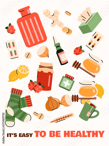 A banner or poster with set of icons for home treatment of the flu virus or coronavirus and text. Alternative medicines for colds. Flat isolated vector illustration.