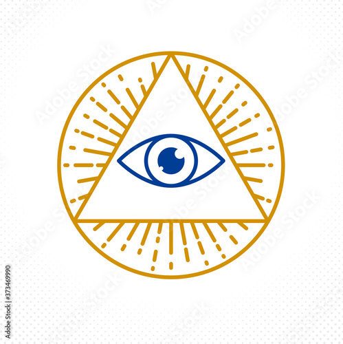 All seeing eye of god in sacred geometry triangle, masonry and illuminati symbol, vector logo or emblem design element.