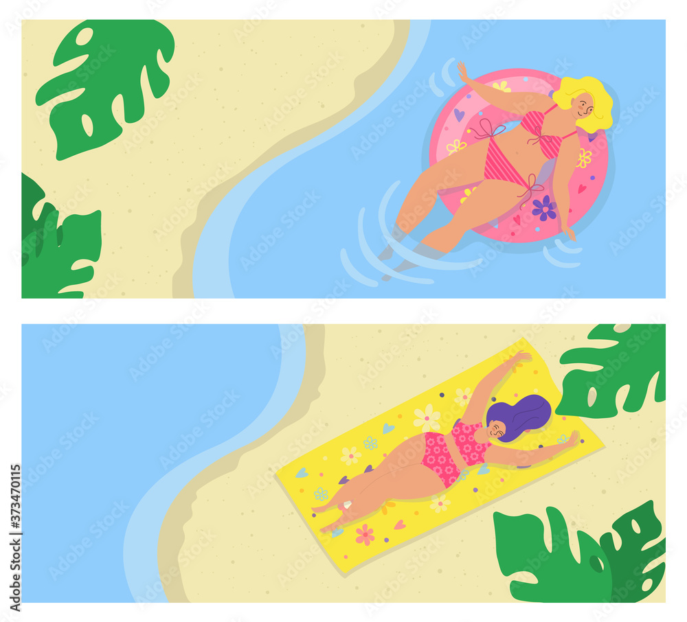Summer beach for body positive people, young woman girl vacation set vector illustration. Female character in swimsuit at cartoon sea. Happy holiday, person swim, sunbathing at fun travel design.