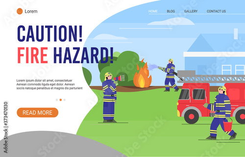 Web banner warning of fire hazard with firefighters in protective clothing extinguish wildfire, flat vector illustration. Forest fire caution landing page design.