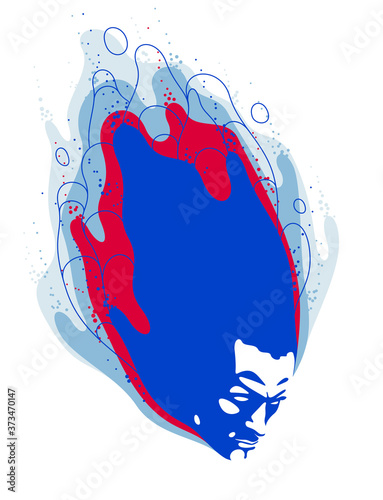 Man head with abstract fluids flying from it vector philosophical illustration, psychology insight and meditation theme, thinking and dreaming, mindfulness.