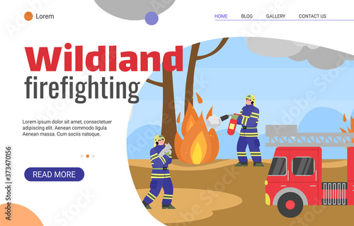 Wildland firefighting forces web banner template with fighters and rescues characters in forest, flat cartoon vector illustration. Emergency fire brigade website.