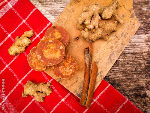 Natural and traditional ingredients on a wooden table photo