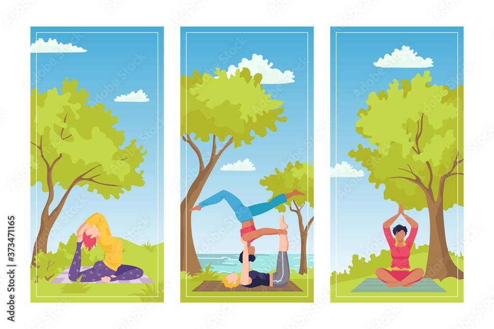 Activity in park, relaxation yoga pose exercise at nature vector illustration. Healthy lifestyle with fitness sport, cartoon people workout. Asana meditation and healthy training with woman class set.