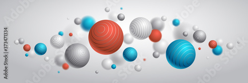Abstract spheres vector background, composition of flying balls decorated with lines, 3D mixed realistic globes, realistic depth of field effect.