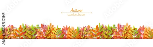 Autumn leaves seamless border in paper cut style. Vector 3d illustration of different color leaf, with shadow. Cut out of cardboards elements, decoration of autumn holiday on white background