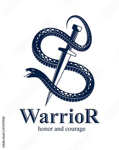 Snake and Dagger, Serpent wraps around a sword vector vintage tattoo, Life is a Fight concept, allegorical logo or emblem of ancient symbol.