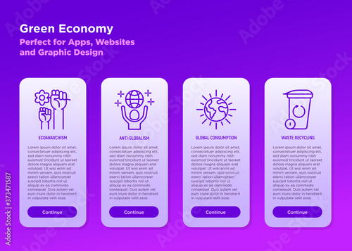 Green economy mobile user interface with thin line icons set: ecoanarchism, waste recycling, anti-globalism, global consumption. Vector illustration for environmental issues.