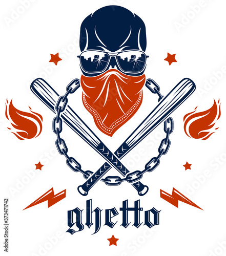 Brutal gangster emblem or logo with aggressive skull baseball bats and other weapons and design elements, vector anarchy crime or terrorism retro style, ghetto revolutionary.