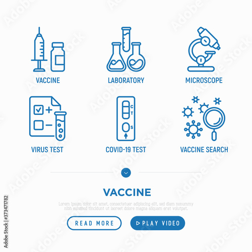 Vaccine thin line icons set: syringe and ampoule, laboratory test, immune system, blood test, covid-19 test. Vector illustration.